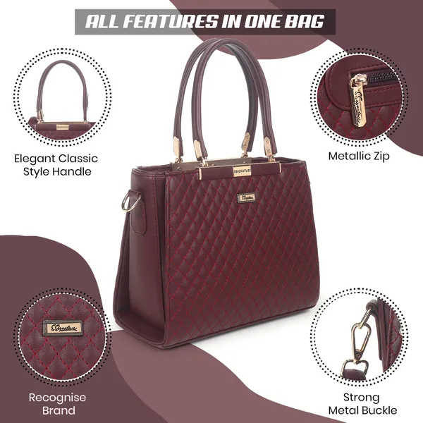 Signature_Maroon_Quilted_Faux_Leather_Metallic_Accent_Handbag_For_Women