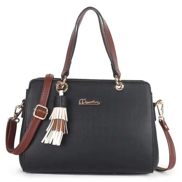 Signature_Black_Faux_Leather_Tassel_Dual_Strap_Handbag_For_Women