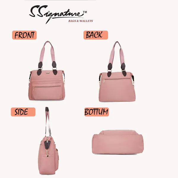 Signature_Pink_Fabric_Multi_Pocket_Travel_Tote_Bag_For_Women
