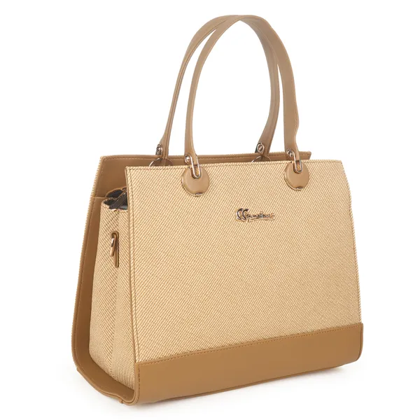 Signature_Beige_Two_Tone_Faux_Leather_Detachable_Strap_Handbag_For_Women