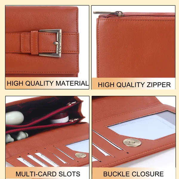 Signature_Tan_Brown_Leather_Buckle_Multi_Compartment_Wallet_For_Women