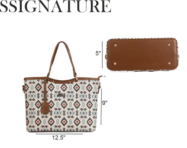 Signature_Multicolor_Fabric_Geometric_Print_Leather_Trim_Tote_Bag_For_Women
