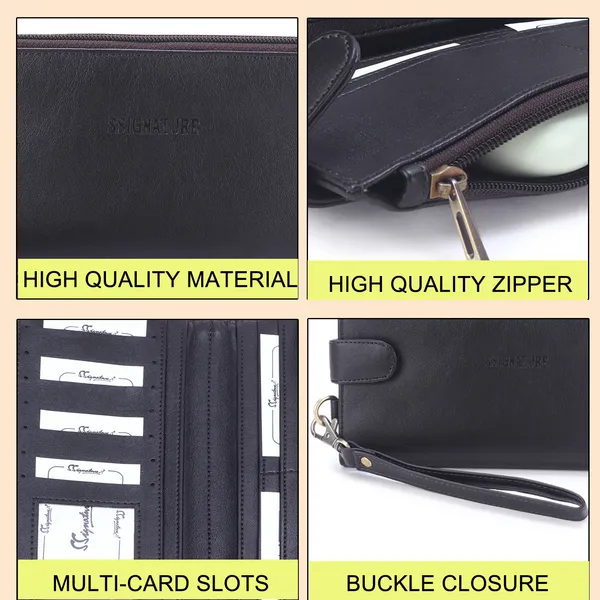 Signature_Black_Leather_Wrist_Strap_Multi_Card_Clutch_Wallet_For_Women