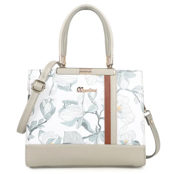 Signature_White_Fabric_Embroidered_Metallic_Accent_Handbag