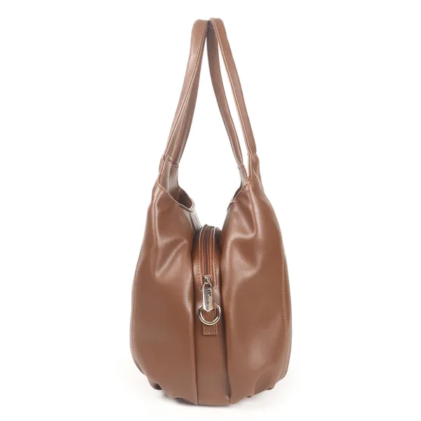 Signature_Brown_Leather_Metal_Buckle_Zipper_Handbag_For_Women