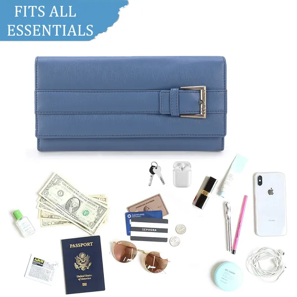 Signature_Blue_Faux_Leather_Multi_Compartment_Buckle_Travel_Wallet_For_Women