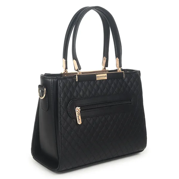 Signature_Black_Quilted_Faux_Leather_Gold_Hardware_Handbag_For_Women