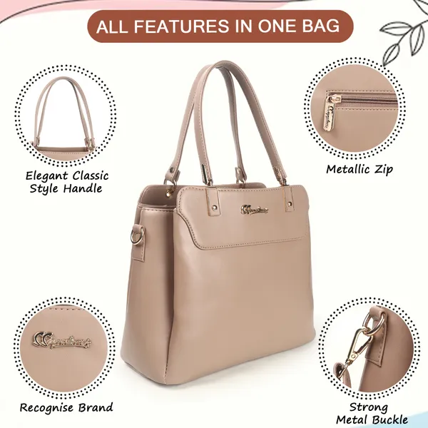 Signature_Beige_Faux_Leather_Structured_Metallic_Hardware_Handbag_For_Women