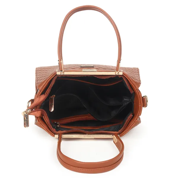 Signature_Brown_Textured_Faux_Leather_Metallic_Accent_Handbag_For_Women