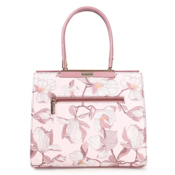 Signature_Pink_Floral_Faux_Leather_Classic_Handle_Handbag_For_Women