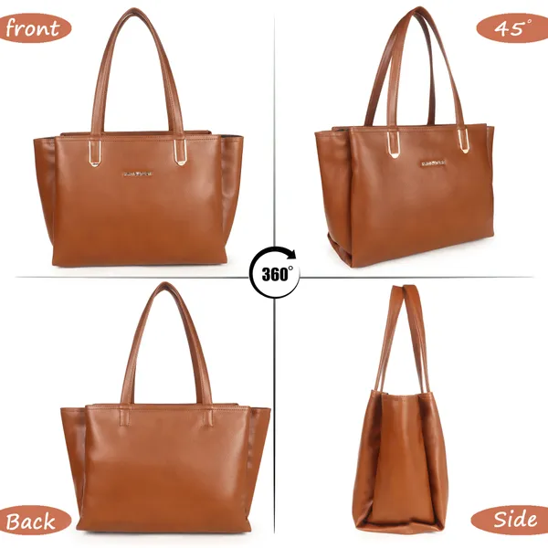 Signature_Brown_Faux_Leather_Multi_Compartment_Tote_Handbag_For_Women