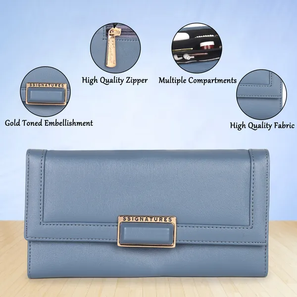 Signature_Blue_Leather_Multi_Card_Buckle_Wallet_For_Women