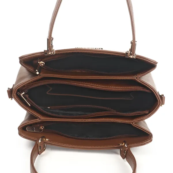 Signature_Tan_Brown_Faux_Leather_Classic_Handle_Handbag_For_Women