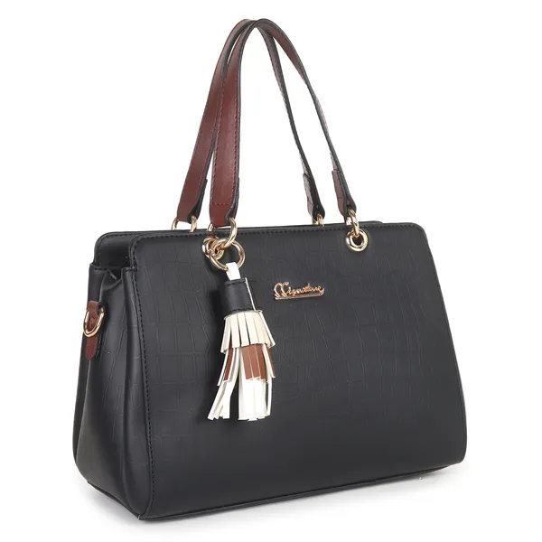 Signature_Black_Faux_Leather_Tassel_Dual_Strap_Handbag_For_Women