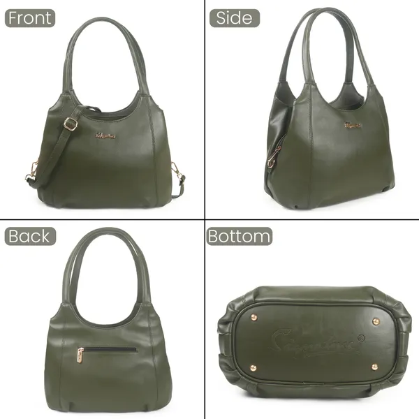 Signature_Olive_Green_Faux_Leather_Metal_Buckle_Zipper_Handbag_For_Women