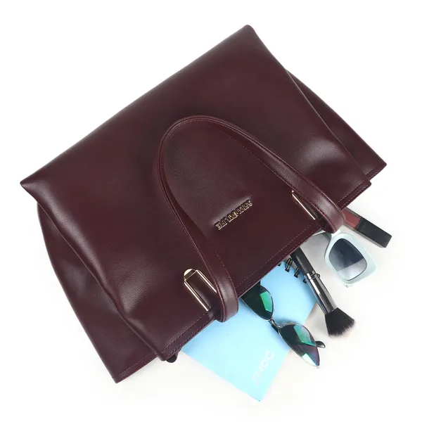 Signature_Maroon_Leather_Metallic_Zip_Handbag_For_Women