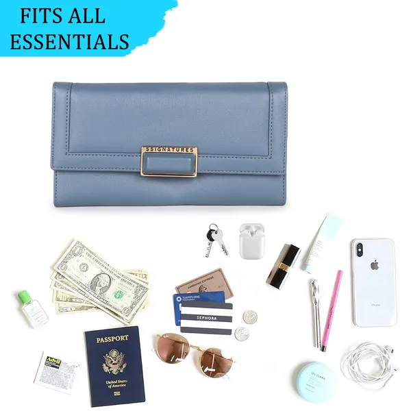Signature_Blue_Faux_Leather_Buckle_Wallet_For_Women