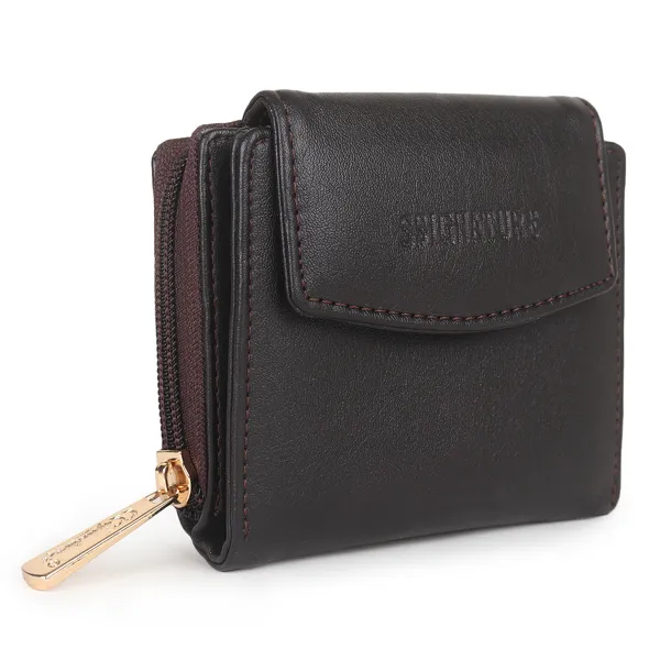 Signature_Black_Leather_Compact_Zipper_Wallet_For_Women