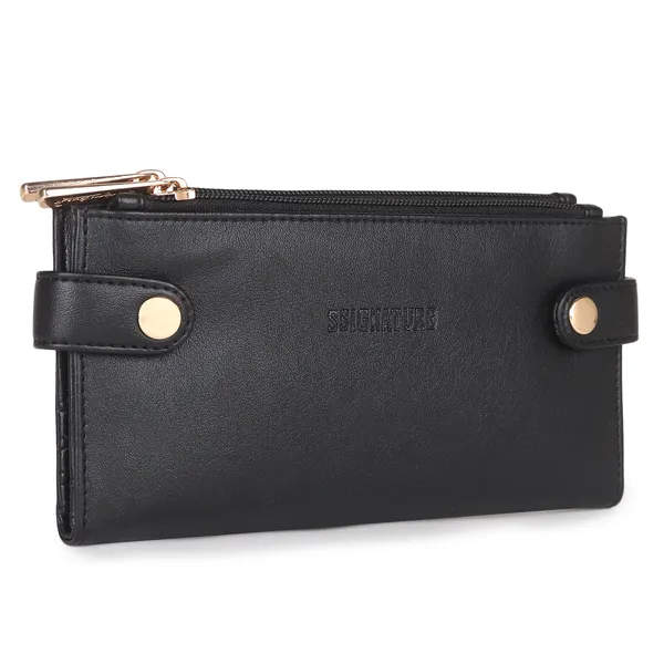 Signature_Black_Leather_Multi_Card_Buckle_Zipper_Wallet_For_Unisex