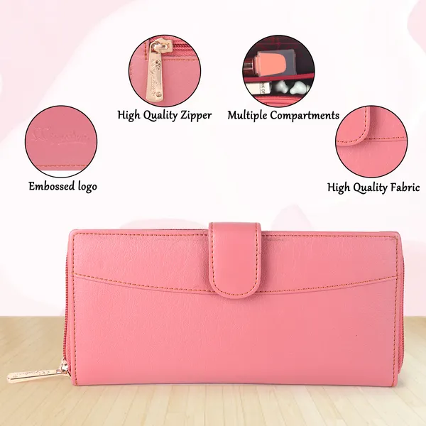 Signature_Pink_Faux_Leather_Zipper_Card_Slot_Long_Wallet_For_Women
