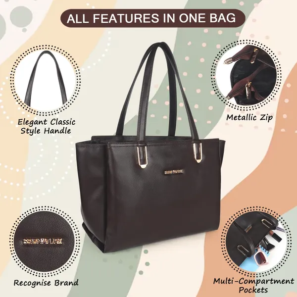 Signature_Brown_Faux_Leather_Metallic_Zip_Tote_Bag_For_Women