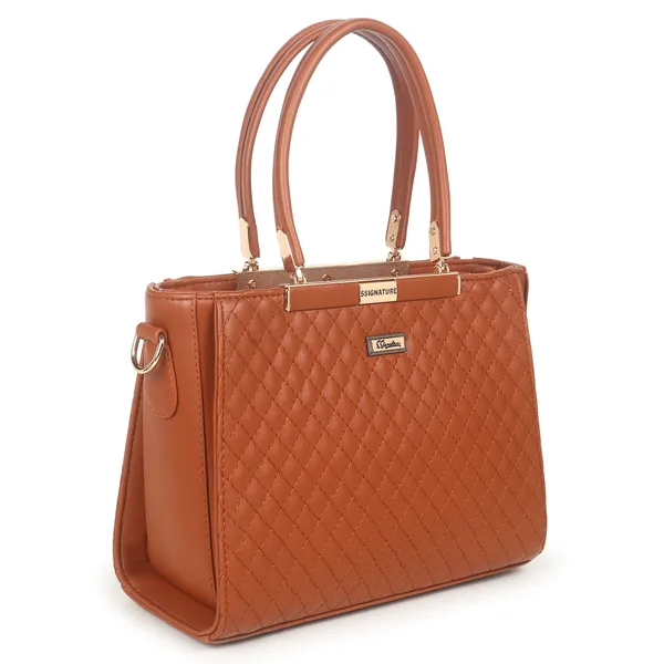 Signature_Brown_Textured_Faux_Leather_Metallic_Accent_Handbag_For_Women