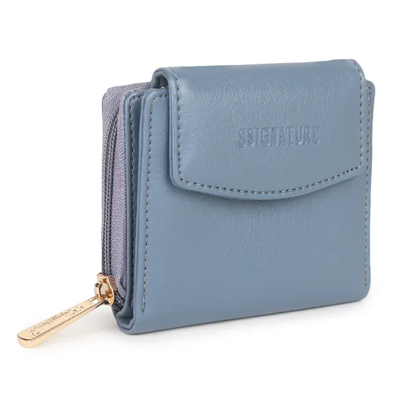 Signature_Blue_Faux_Leather_Tri_Fold_Zipper_Wallet_For_Women
