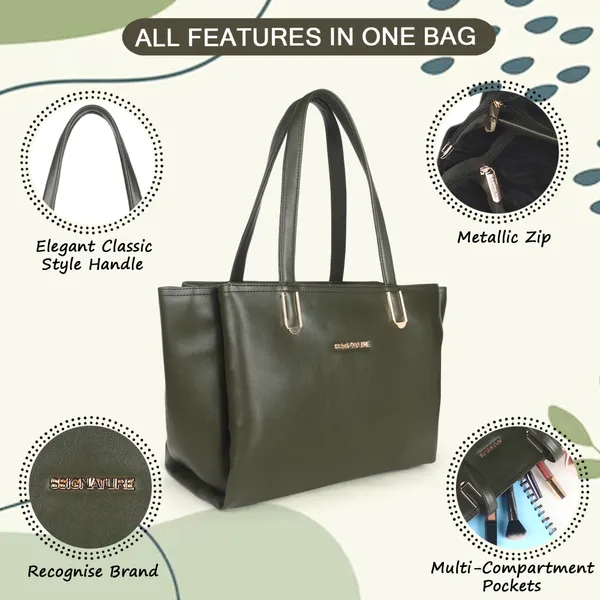 Signature_Olive_Green_Faux_Leather_Structured_Metallic_Zip_Tote_Bag_For_Women