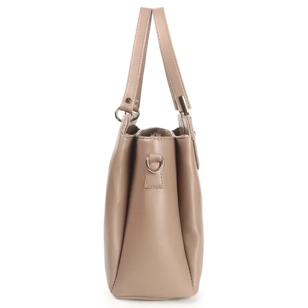 Signature_Beige_Faux_Leather_Structured_Metallic_Hardware_Handbag_For_Women