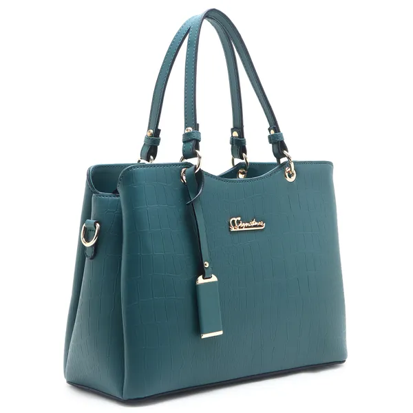 Signature_Teal_Faux_Leather_Multi_Compartment_Structured_Handbag_For_Women
