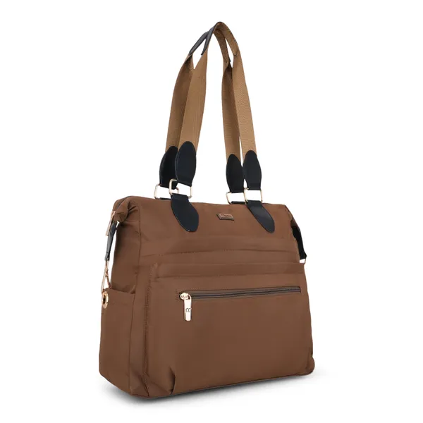 Signature_Brown_Nylon_Multi_Compartment_Adjustable_Strap_Tote_Bag_For_Women