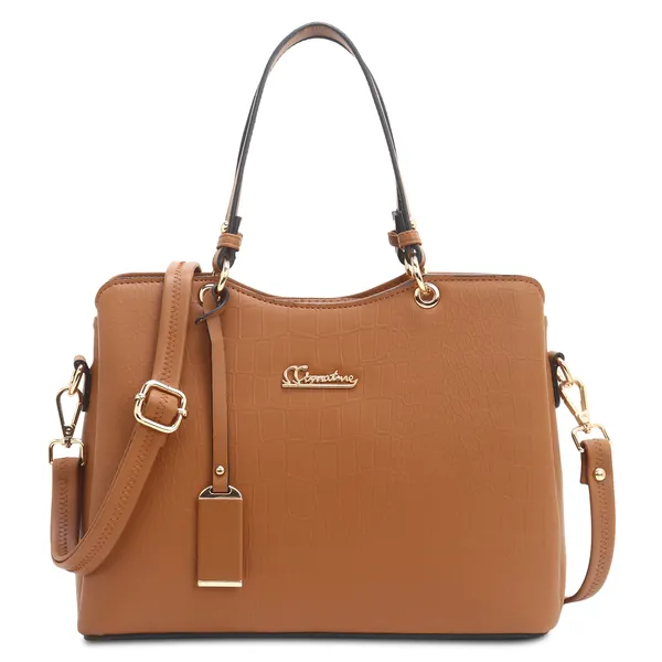 Signature_Tan_Brown_Faux_Leather_Buckle_Adjustable_Strap_Handbag_For_Women