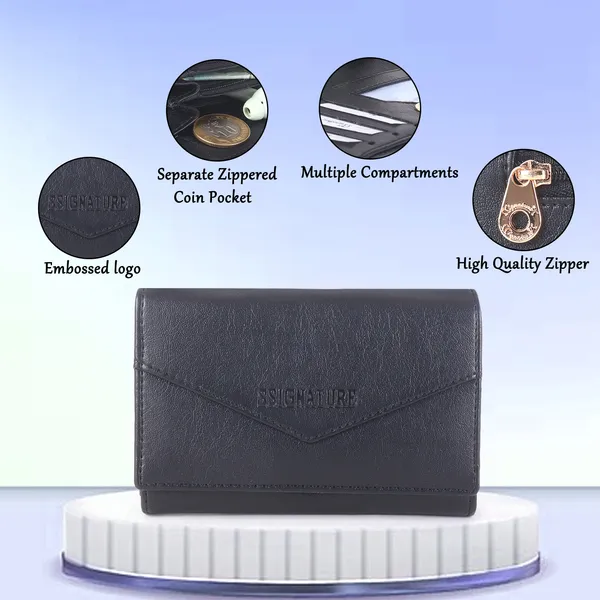 Signature_Black_Leather_Tri_Fold_Envelope_Wallet_For_Women