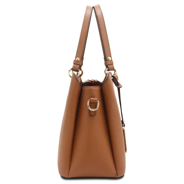 Signature_Tan_Brown_Faux_Leather_Buckle_Adjustable_Strap_Handbag_For_Women