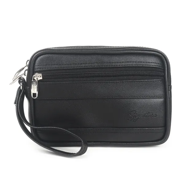 Signature_Black_Leather_Multi_Compartment_Wristlet_Pouch_For_Women