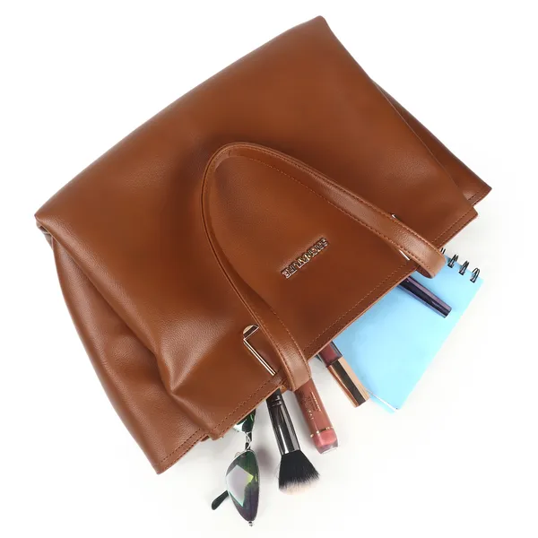 Signature_Brown_Faux_Leather_Multi_Compartment_Tote_Handbag_For_Women