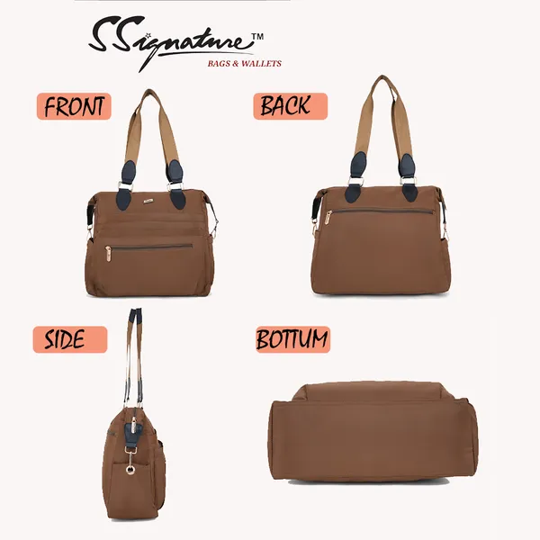 Signature_Brown_Nylon_Multi_Compartment_Adjustable_Strap_Tote_Bag_For_Women