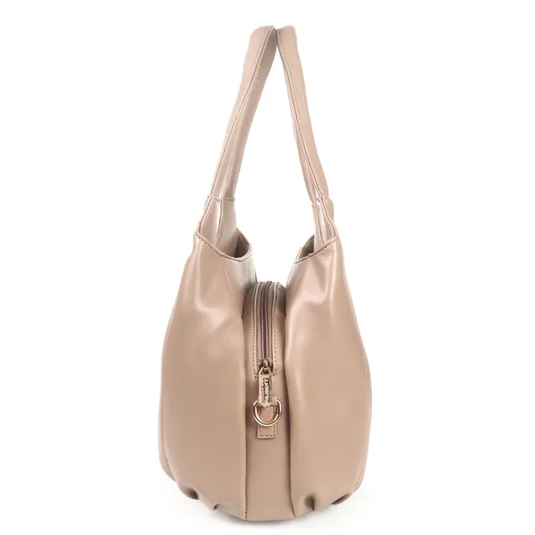 Signature_Beige_Leather_Metal_Logo_Shoulder_Handbag_For_Women