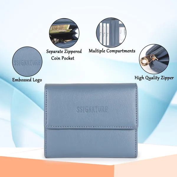Signature_Blue_Grey_Faux_Leather_Tri_Fold_Wallet_For_Women