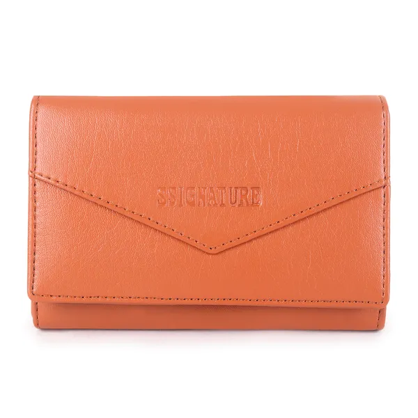Signature_Coral_Orange_Faux_Leather_Tri_Fold_Compact_Wallet_For_Women