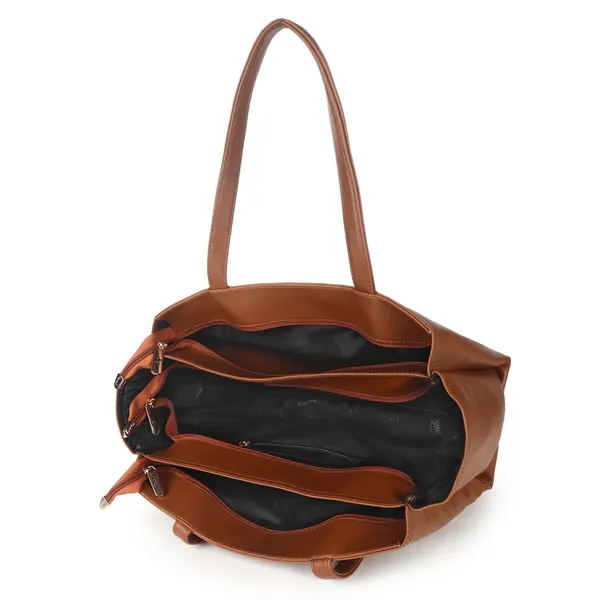 Signature_Brown_Faux_Leather_Multi_Compartment_Tote_Handbag_For_Women