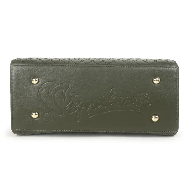 Signature_Olive_Green_Quilted_Faux_Leather_Metallic_Accent_Handbag_For_Women