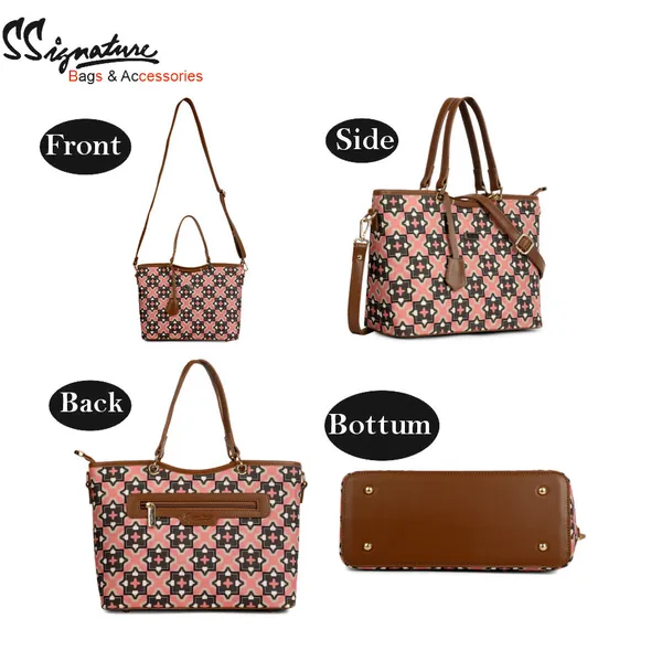 Signature_Pink_Fabric_Geometric_Print_Leather_Handle_Tote_Bag_For_Women