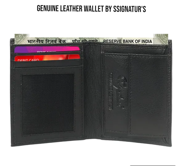 Signature_Black_Genuine_Leather_Button_Closure_Coin_Pocket_Wallet_For_Men
