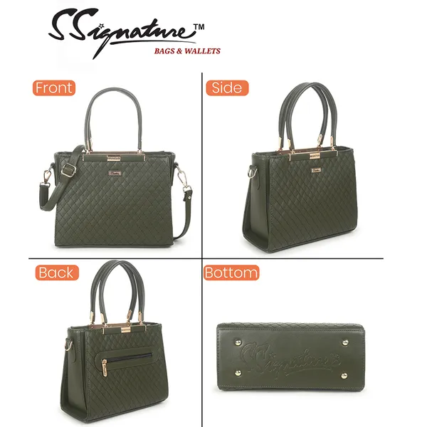 Signature_Olive_Green_Quilted_Faux_Leather_Metallic_Accent_Handbag_For_Women
