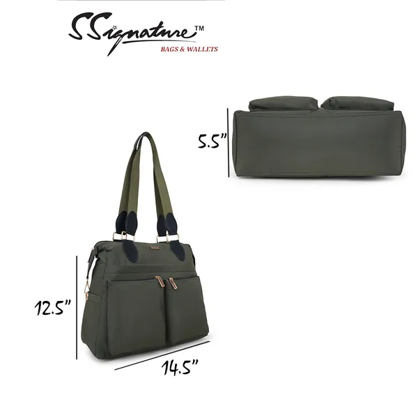 Signature_Olive_Green_Fabric_Multi_Pocket_Adjustable_Strap_Tote_Bag