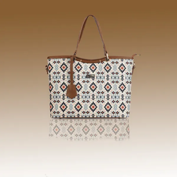 Signature_Multicolor_Fabric_Geometric_Print_Leather_Trim_Tote_Bag_For_Women
