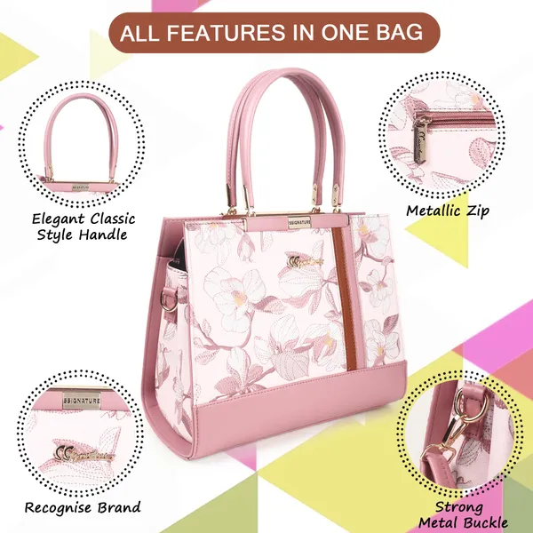 Signature_Pink_Floral_Faux_Leather_Classic_Handle_Handbag_For_Women