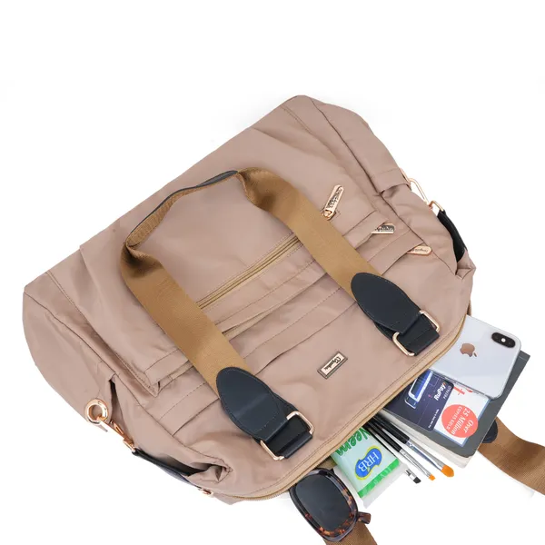 Signature_Beige_Faux_Leather_Two_Tone_Strap_Multi_Pocket_Shoulder_Bag_For_Women