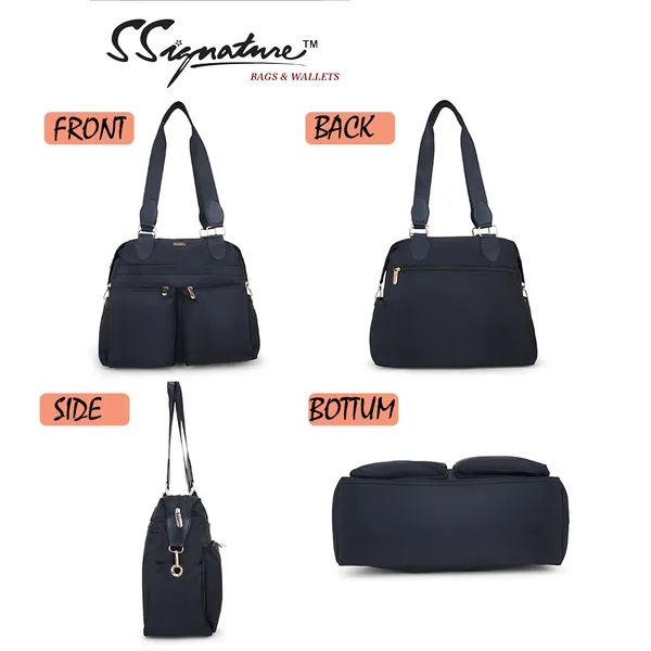 Signature_Navy_Blue_Nylon_Multi_Pocket_Adjustable_Strap_Travel_Tote_Bag_For_Women